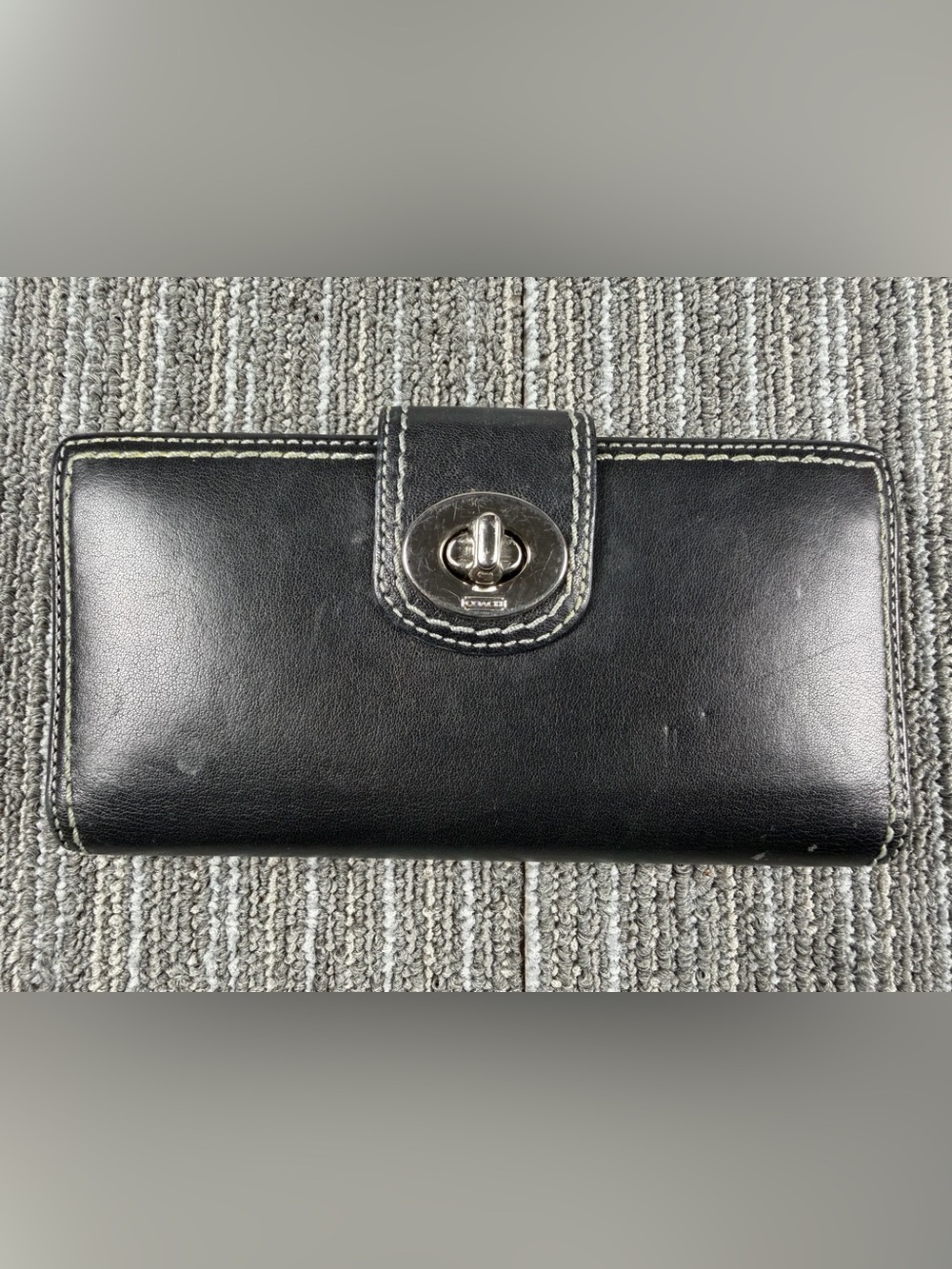 Vintage Coach Black Leather Checkbook Wallet with Silver Turnlock